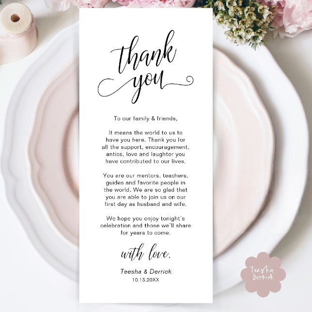 Elegant tackkort för bröllopsmiddag program (Classy Wedding Dinner Place Setting Thank You Card in Black and White)