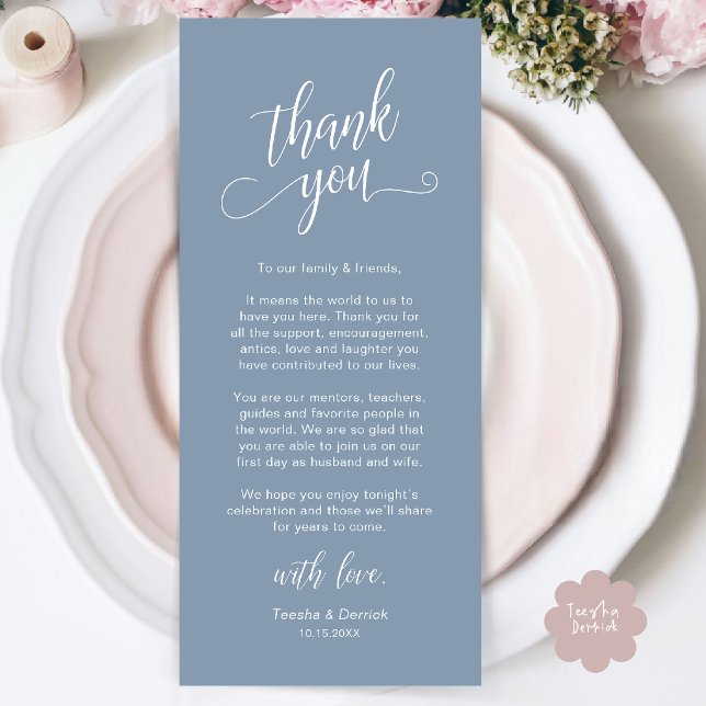 Elegant tackkort för bröllopsmiddag program (Classy Wedding Dinner Place Setting Thank You Card in Dusty Blue)