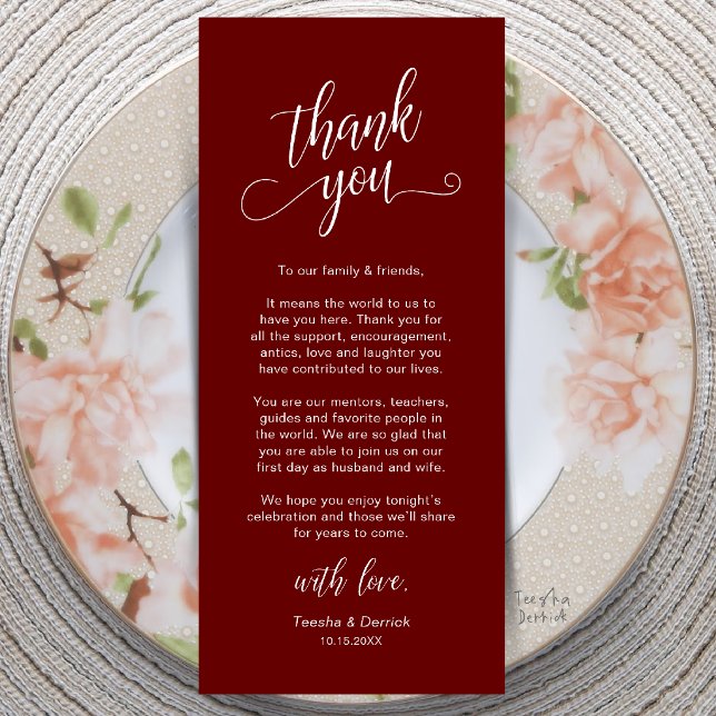 Elegant tackkort för middagsdukning på bröllopsfes program (Classy Wedding Dinner Place Setting Thank You Card in Burgundy Wine Red)