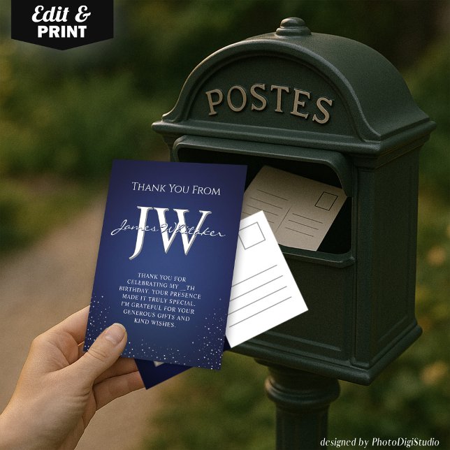 Elegant tacksamhetskort med anpassade initialer i  tack kort (Custom Initials Elegant Blue Silver Thank You Card)