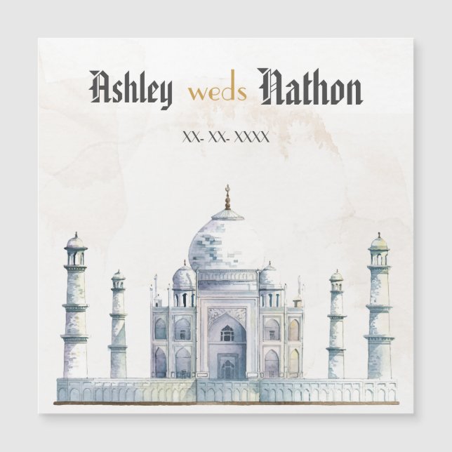 Elegant Taj Mahal Typology Watercolor Bröllop (Framsida)