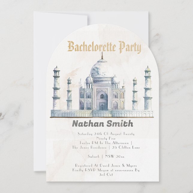Elegant Taj Mahal Typology Watercolor Bröllop Inbjudningar (Framsida)
