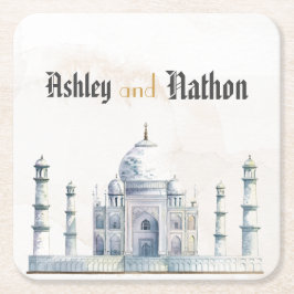 Elegant Taj Mahal Typology Watercolor Bröllop Underlägg Papper Kvadrat
