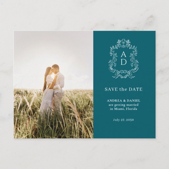 Elegant Tale Blue Photo Wedding Save the Date Vykort (Framsida)