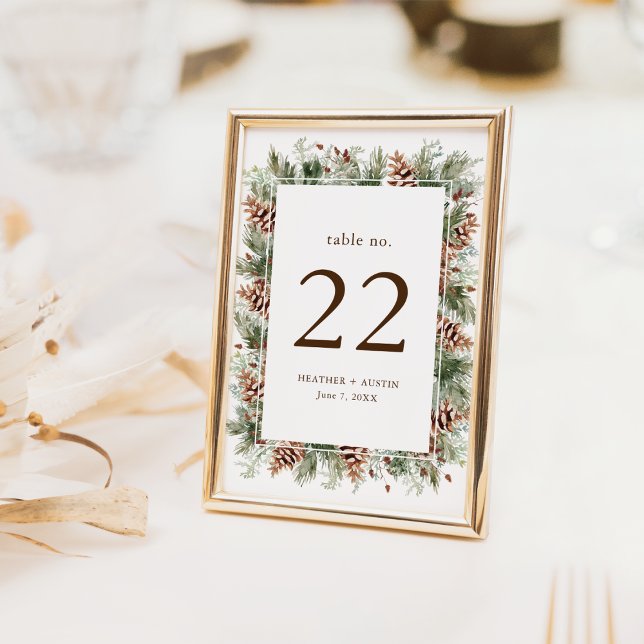 Elegant Tall Bordsnummer (Elegant White Watercolor Evergreen Pinecone Table Number by Painted Paperie
)