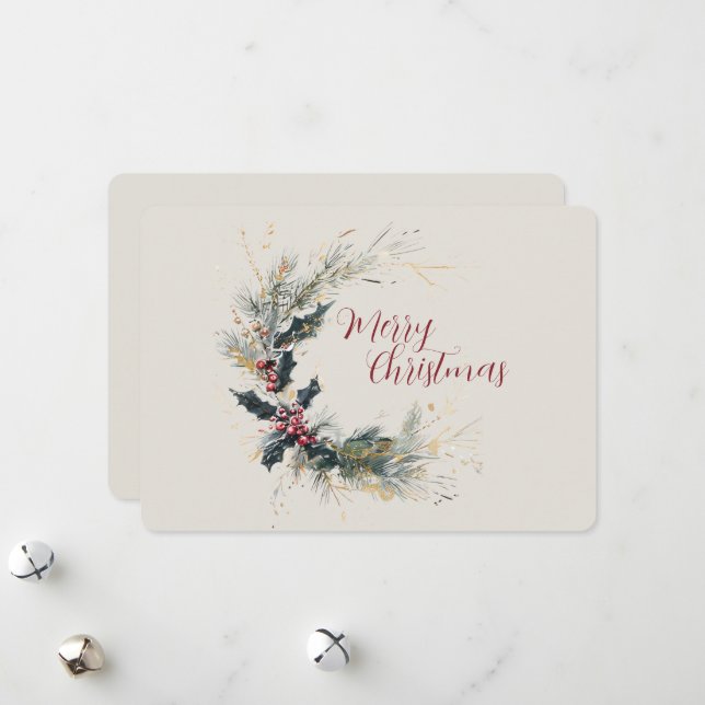 Elegant tall- och järnekrans med guldfärgade detal julkort (Fram/Back In Situ)