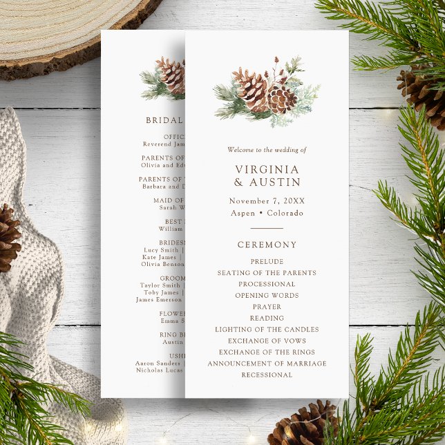 Elegant Tall Program (Elegant White Watercolor Evergreen Pine Wedding Program by Painted Paperie
)
