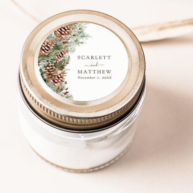 Elegant Tall Runt Klistermärke (Elegant White Pinecone Greenery Classic Round Sticker by Painted Paperie
)