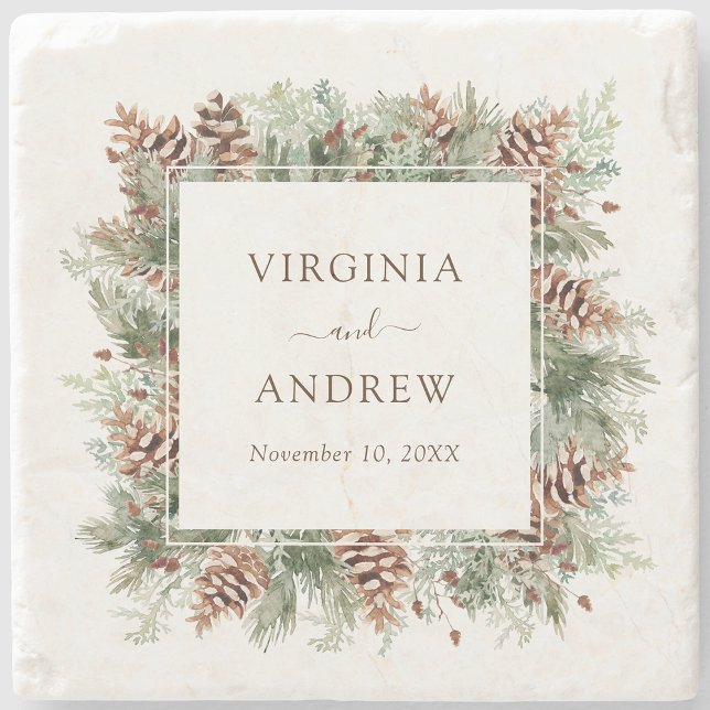 Elegant Tallbröllop Stenunderlägg (Elegant Pine Greenery Wedding Stone Coaster by Painted Paperie
)