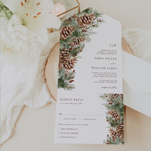 Elegant tallig bröllop (Elegant Pine Floral Monogrammed Wedding All In One Invitation by Painted Paperie
)
