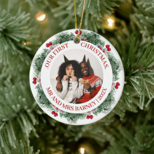 Elegant tallrik med julgran och foto på första jul julgransprydnad keramik