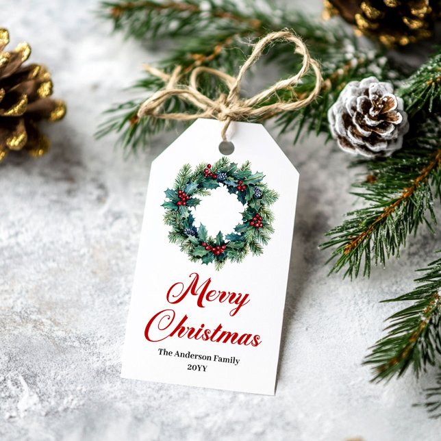 Elegant tallrik med namnskylt för jul presentetikett (Elegant Pine Wreath Christmas Tag with Name)