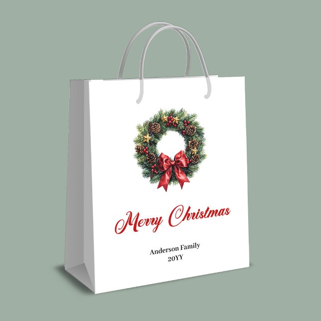 Elegant tallrikskrans julklappspåse akvarell (Elegant pine wreath Christmas gift bag watercolor)