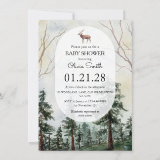 Elegant tallskog hjort akvarell baby shower inbjudningar