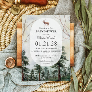 Elegant tallskog hjort akvarell baby shower inbjudningar