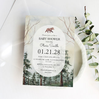Elegant tallskogbjörn akvarell baby shower inbjudningar