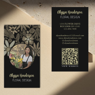 Elegant Tan & Black Floral Photo QR Code Logo Visitkort