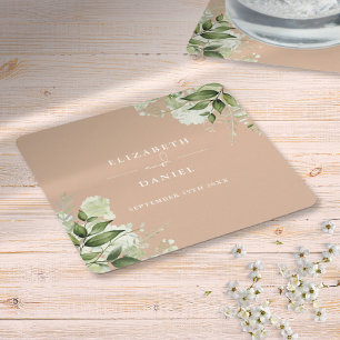 Elegant Tan Bröllop med Blommig Grönska Underlägg Papper Kvadrat