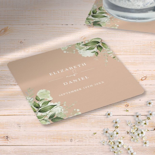 Elegant Tan Bröllop med Blommig Grönska Underlägg Papper Kvadrat (Floral Greenery Elegant Tan Wedding Square Paper Coaster)