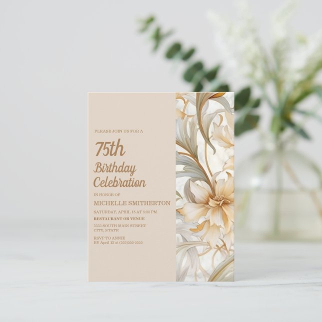 Elegant Tan Rost Vattenfärg Blommig 75-årsdag Inbjudningar (Stående Fram)