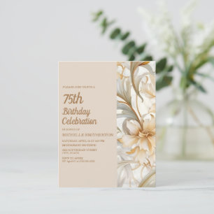 Elegant Tan Rost Vattenfärg Blommig 75-årsdag Inbjudningar