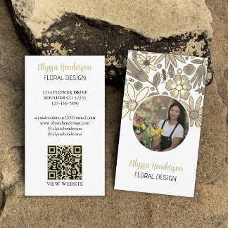 Elegant Tan & Vit Blommig Foto QR-kod Logotyp Visitkort