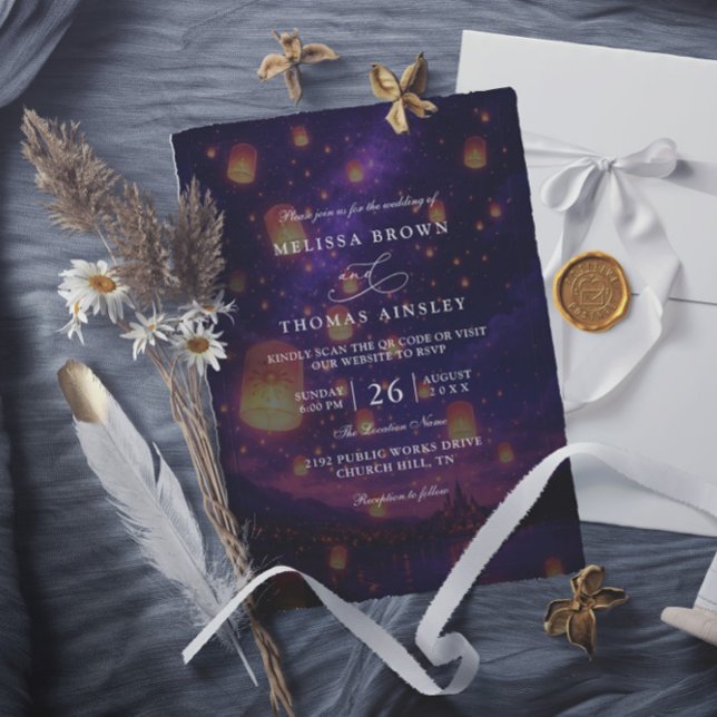 Elegant Tangled Lanterns Budget QR Code Wedding Inbjudningar (Skapare uppladdad)
