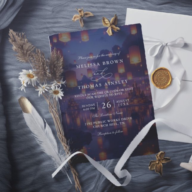 Elegant Tangled Lanterns Budget QR Code Wedding Inbjudningar (Skapare uppladdad)