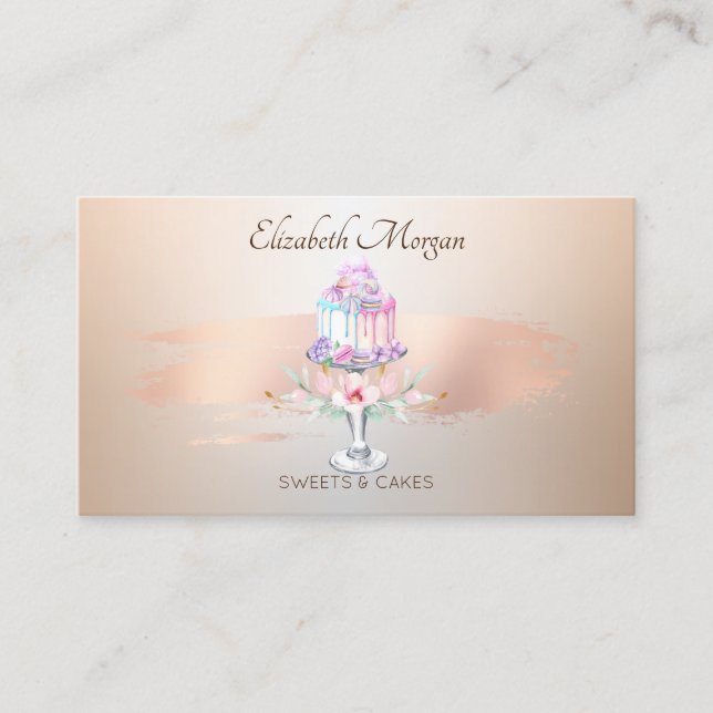 Elegant tårkaka blomma roséguld penseldrag bageri visitkort (Framsida)