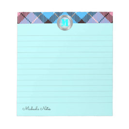 Elegant tartan anpassat skript monogram cyan linje anteckningsblock