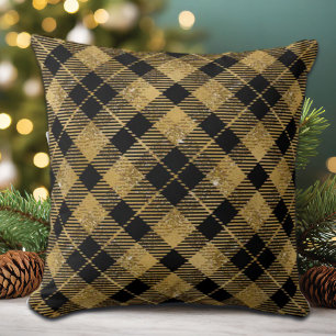 Elegant Tartan Black Guld Glitter Kudde