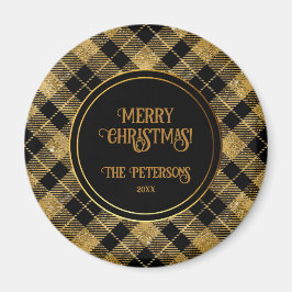 Elegant Tartan Black Guld Glitter Magnet