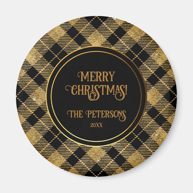Elegant Tartan Black Guld Glitter Magnet (Framsidan)