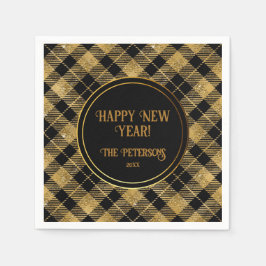 Elegant Tartan Black Guld Glitter Pappersservett