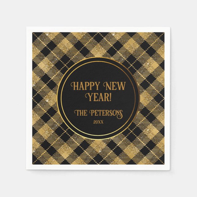 Elegant Tartan Black Guld Glitter Pappersservett (Framsidan)