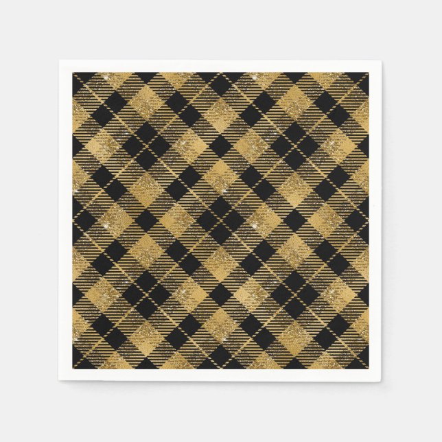 Elegant Tartan Black Guld Glitter Pappersservett (Framsidan)