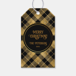 Elegant Tartan Black Guld Glitter Presentetikett