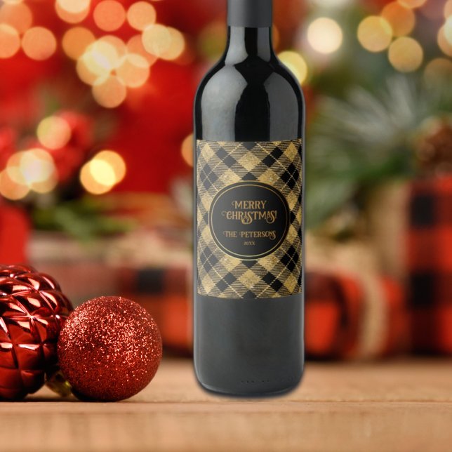 Elegant Tartan Black Guld Glitter Vinflaska Etikett (Skapare uppladdad)