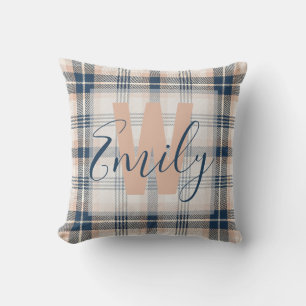 Elegant Tartan Blue Cream Monogram Kudde