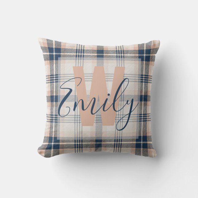 Elegant Tartan Blue Cream Monogram Kudde (Framsida)