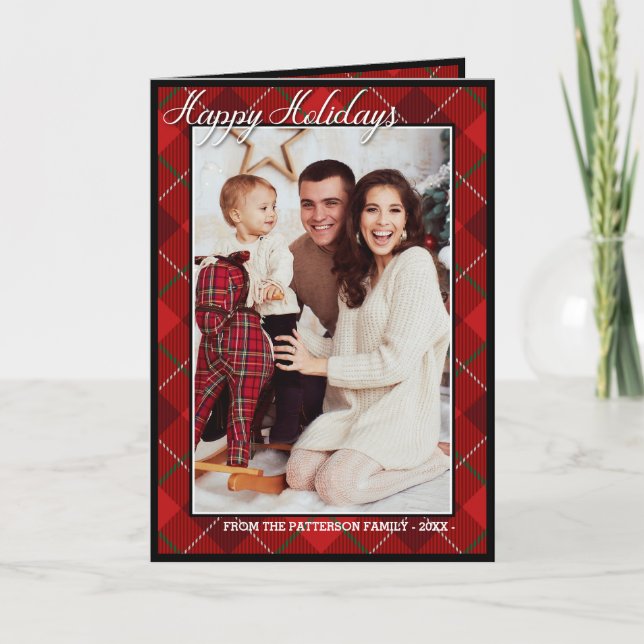 Elegant Tartan Modern Glad helg Family Photo Kort (Framsida)