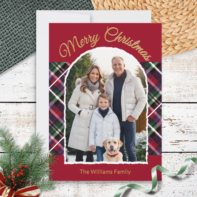Elegant Tartan Play Arch Photo God jul Julkort (An elegant Christmas card with custom arch-framed photo, with burgundy and tartan backdrop)