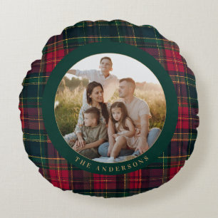 Elegant Tartan Rutig Merry Christmas Familjenamn Rund Kudde