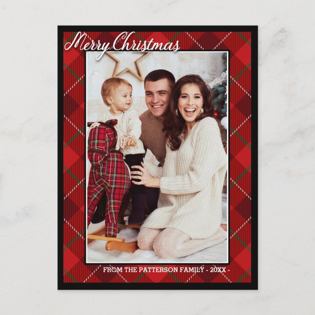 Elegant Tartan Stil God jul Family Photo Vykort (Framsida)