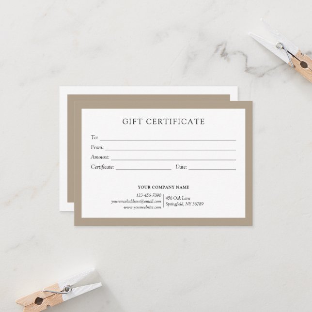 Elegant Taupe Beige Business Gift Certificate Logo (Fram/Back In Situ)