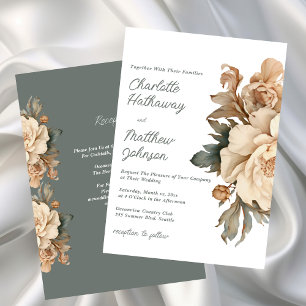 Elegant Taupe Blommig Bröllop Med Sagegrön Inbjudningar
