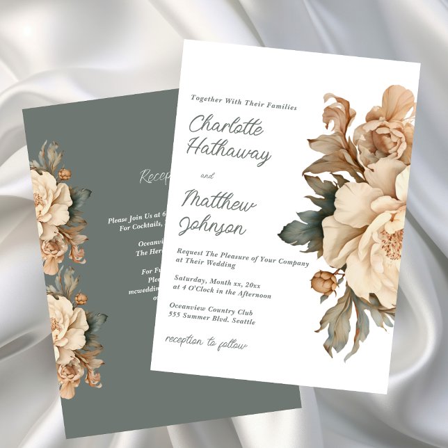 Elegant Taupe Blommig Bröllop Med Sagegrön Inbjudningar (Elegant Taupe Floral Wedding Invitation with Sage Green)