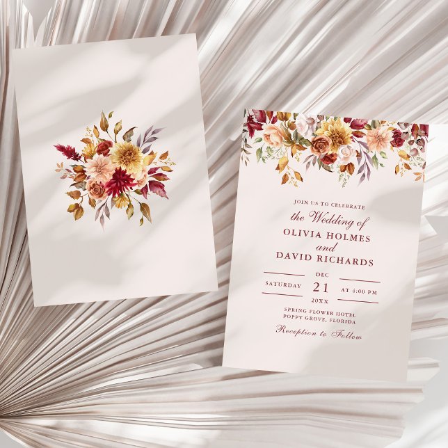 Elegant Taupe Blommig Bröllop Minimalt Neutralt Inbjudningar (Modern Burnt Orange Terracotta Wildflowers Wedding Invitation on a sunny white dry palm leaf.)