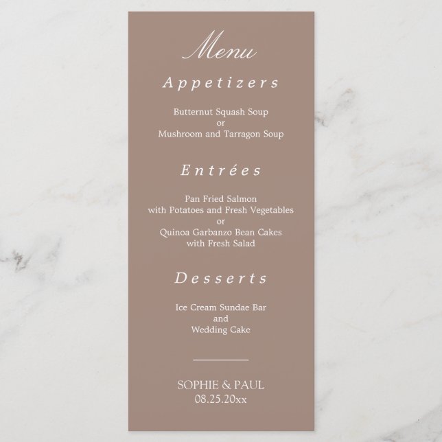 Elegant Taupe Bröllop Menu Meny (Framsida)