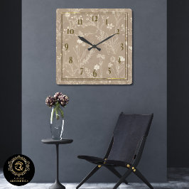 Elegant Taupe Brown Botanicals Wall Clock Fyrkantig Klocka
